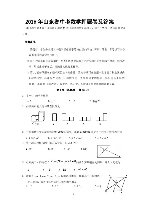 2015年山东省中考数学押题卷及答案