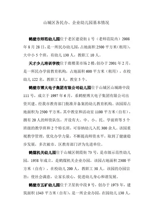 山城区各民办幼儿园基本情况