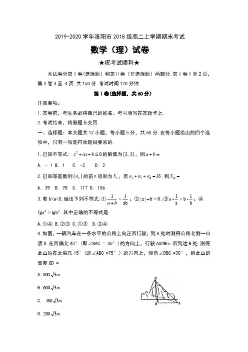 2019-2020学年河南省洛阳市2018级高二上学期期末考试数学(理)试卷及答案