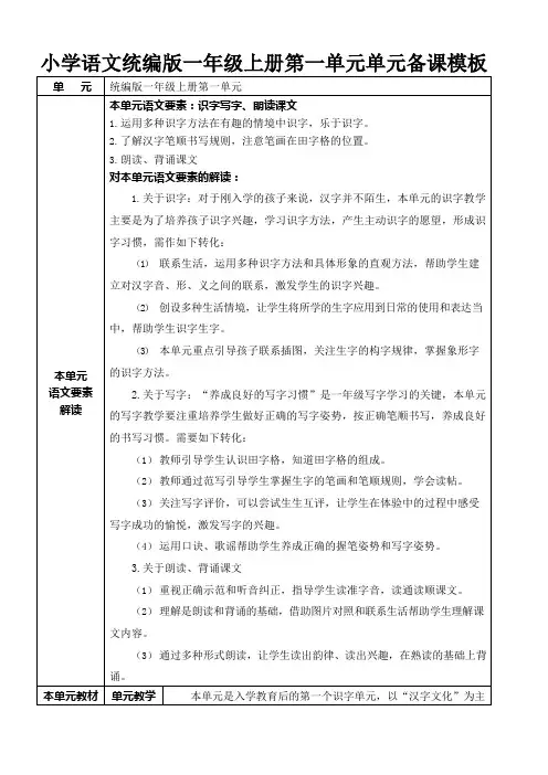 小学语文统编版一年级上册第一单元单元备课模板