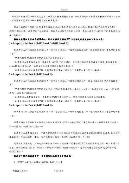 新西兰665个可移民职业清单