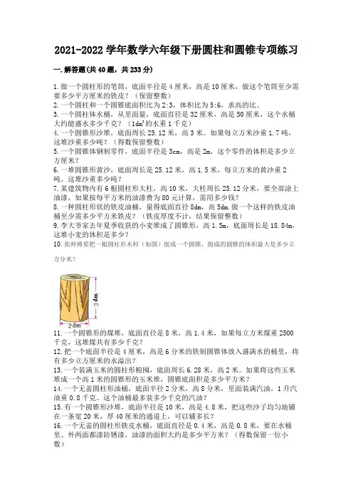 2021-2022学年数学六年级下册圆柱和圆锥专项练习及一套参考答案