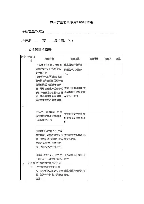露天矿山安全隐患排查检查表