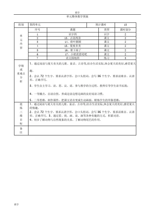 一年级下册人教版语文第四单元集体备课