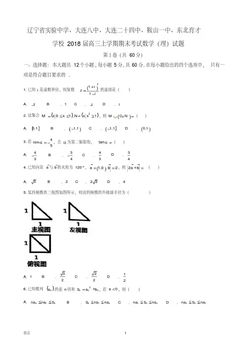 2018届辽宁省实验中学、大连八中、大连二十四中、鞍山一中、东北育才学校高三上学期期末考试数学(理)试题