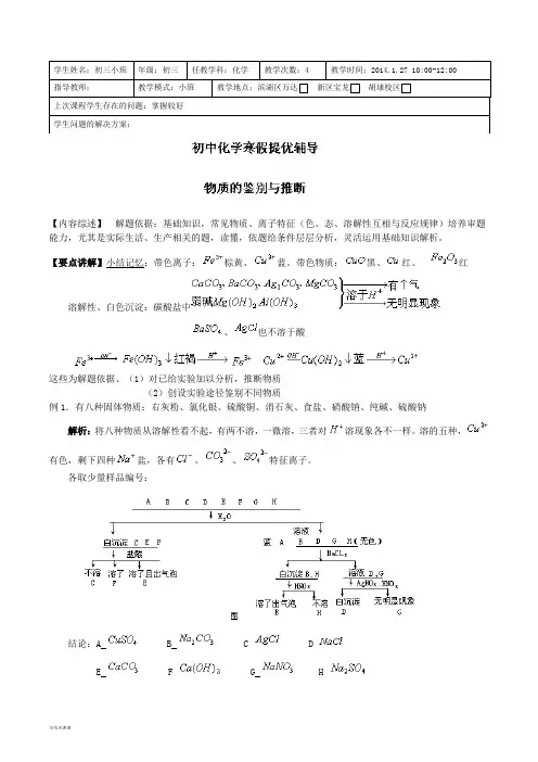 江苏省无锡新领航教育咨询有限公司九年级化学寒假提优辅导：物质的鉴别与推断教师版.docx