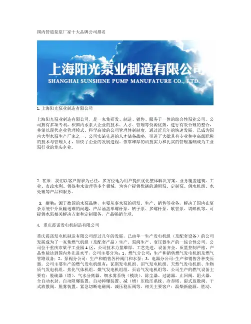 国内管道泵泵厂家十大品牌公司排名