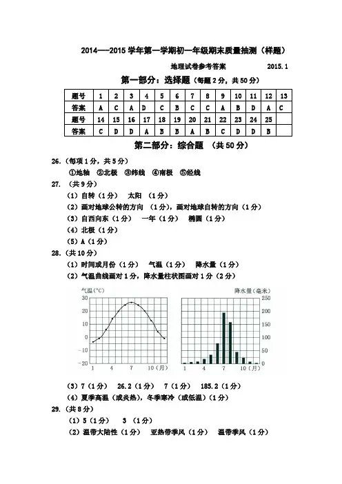 201501_昌平区初一地理期末试题参考答案