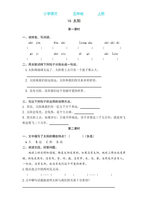 部编版语文五年级上册16 太阳 同步练习课时练(附答案)