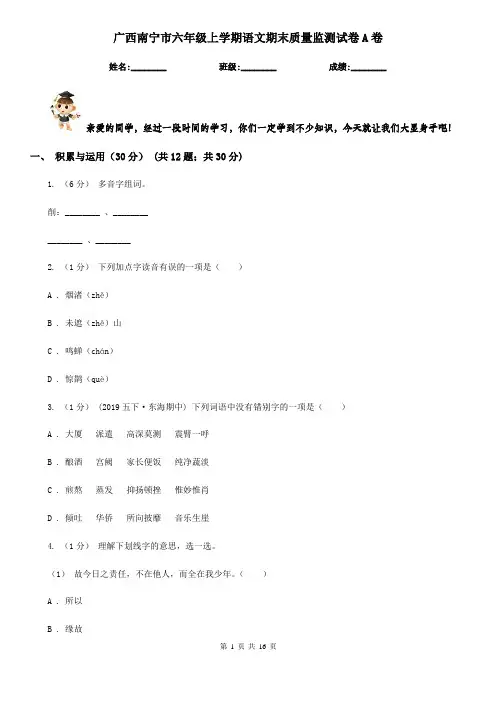 广西南宁市六年级上学期语文期末质量监测试卷A卷