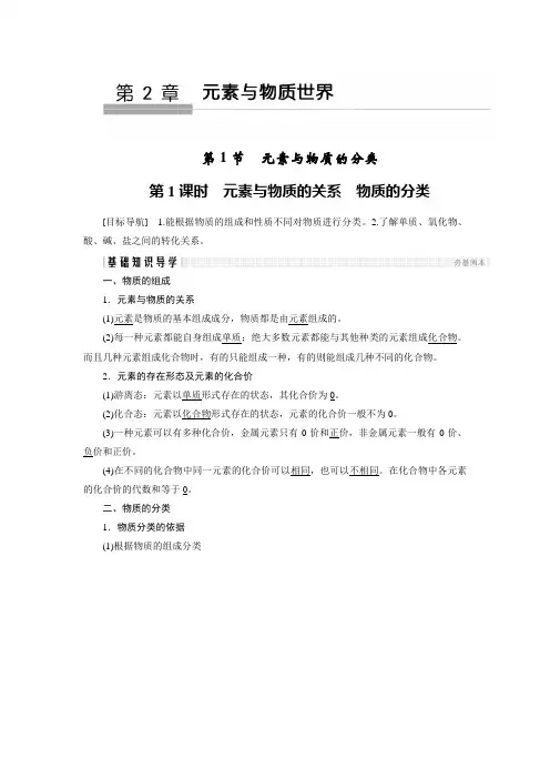 2018版高中化学鲁科版必修1学案：第2章 元素与物质世界 2.1.1 元素与物质的关系 物质的分类