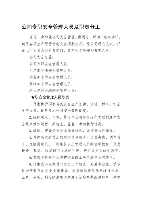 公司专职安全管理人员及职责分工