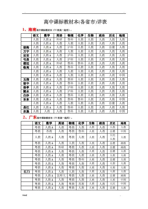 高中新课标教材版本各省详表-各省高中教材版本