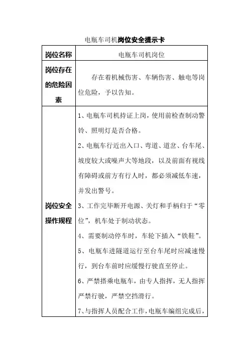 电瓶车司机岗位安全提示卡