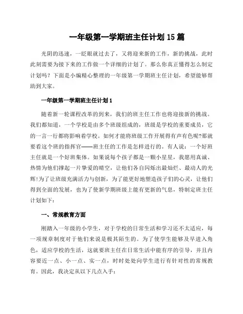 一年级第一学期班主任计划15篇