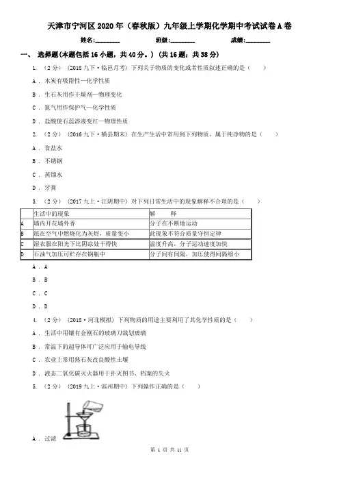 天津市宁河区2020年(春秋版)九年级上学期化学期中考试试卷A卷