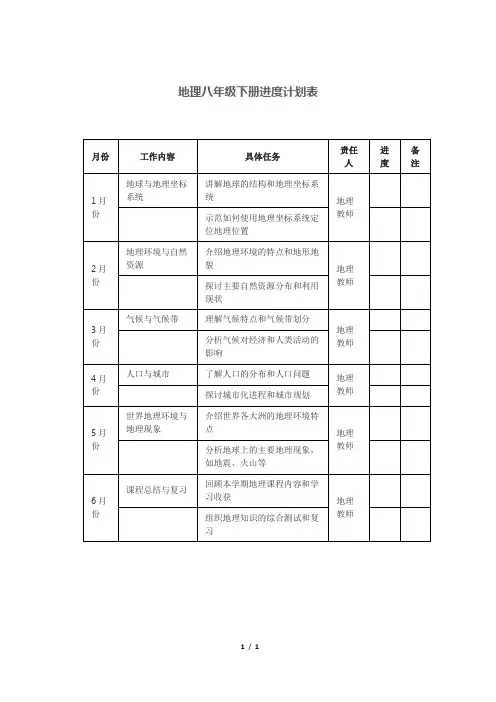 地理八年级下册进度计划表