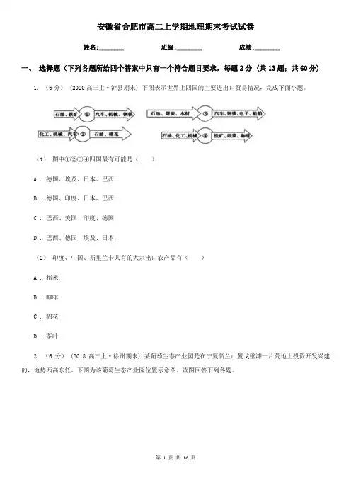 安徽省合肥市高二上学期地理期末考试试卷