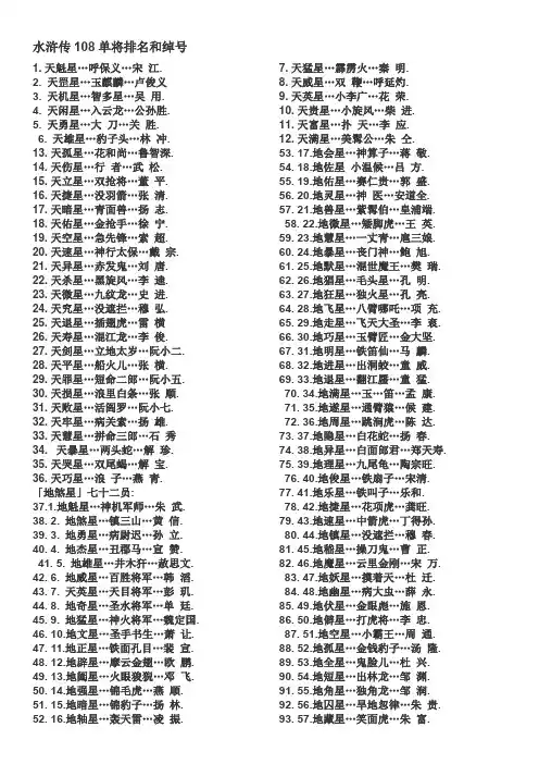 水浒传108单将排名和绰号