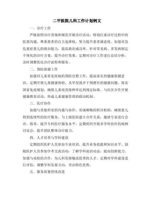 二甲医院儿科工作计划例文