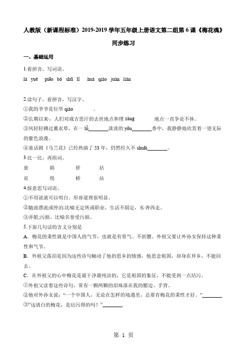 五年级上册语文一课一练第二组第6课梅花魂∣人教新课标-精选文档