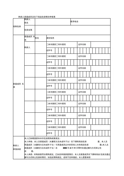 购房人家庭成员及名下商品住房情况申报表