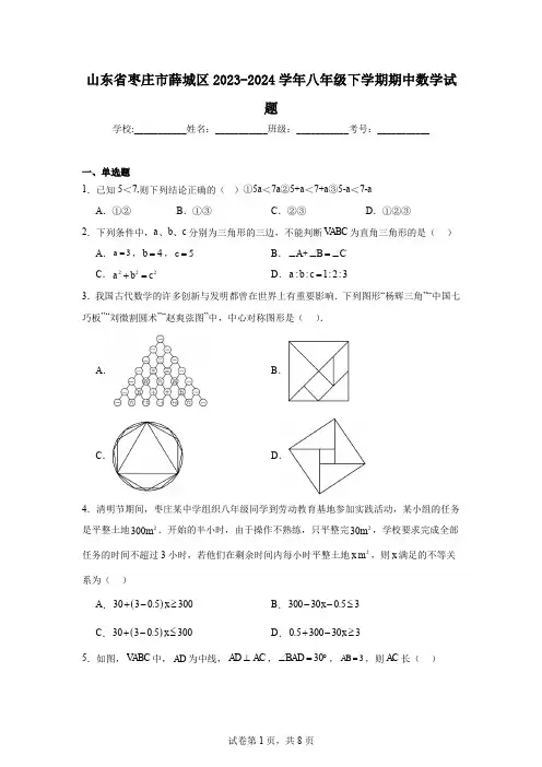 山东省枣庄市薛城区2023-2024学年八年级下学期期中数学试题