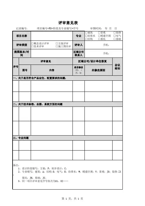 【表格】评审意见表模板