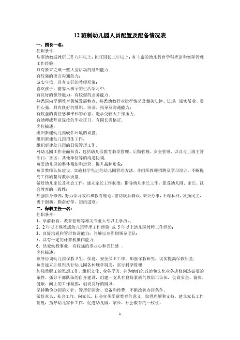 12班制幼儿园人员配置及配备情况表