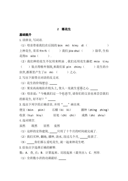 五年级语文上册 一课一练 2 落花生(有答案)