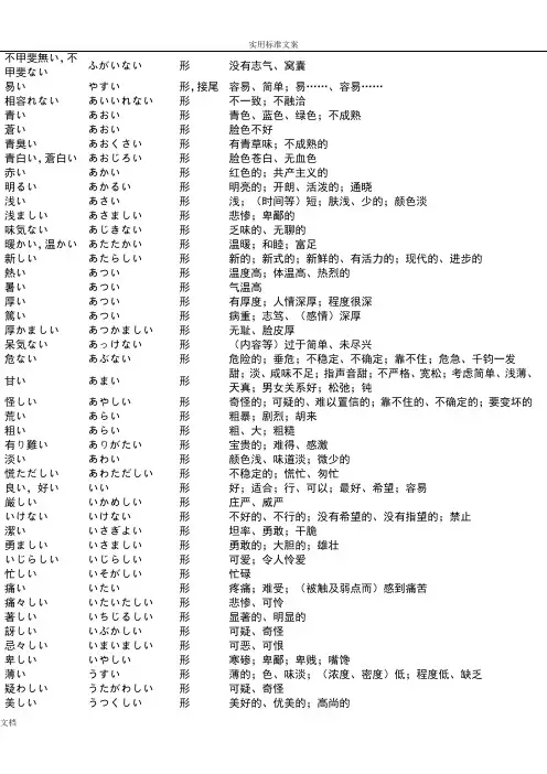 日语形容词汇总情况分类表(N1级别_包括N1-N4所有形容词)