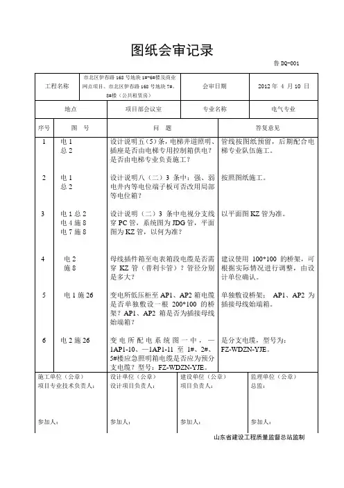 安装图纸会审电气专业(答复)