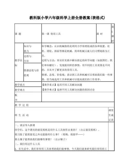 教科版小学六年级科学上册全册教案(表格式)
