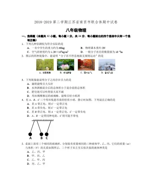 2018-2019第二学期江苏省南京市联合体八年级物理期中试卷(含答案)