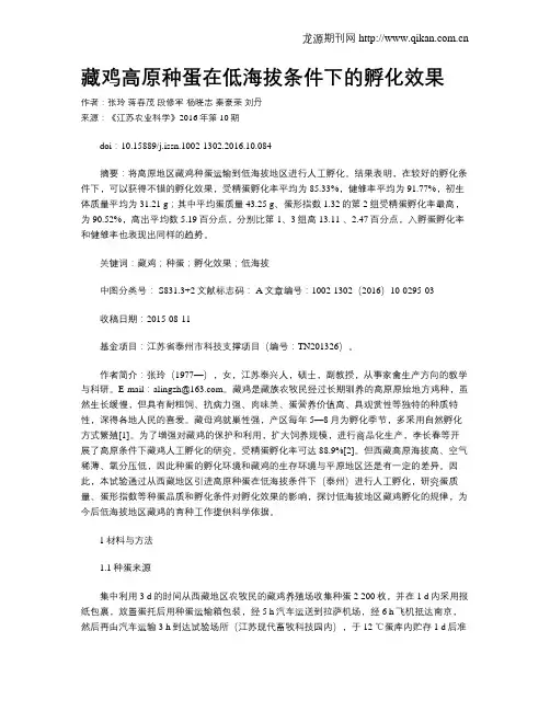藏鸡高原种蛋在低海拔条件下的孵化效果