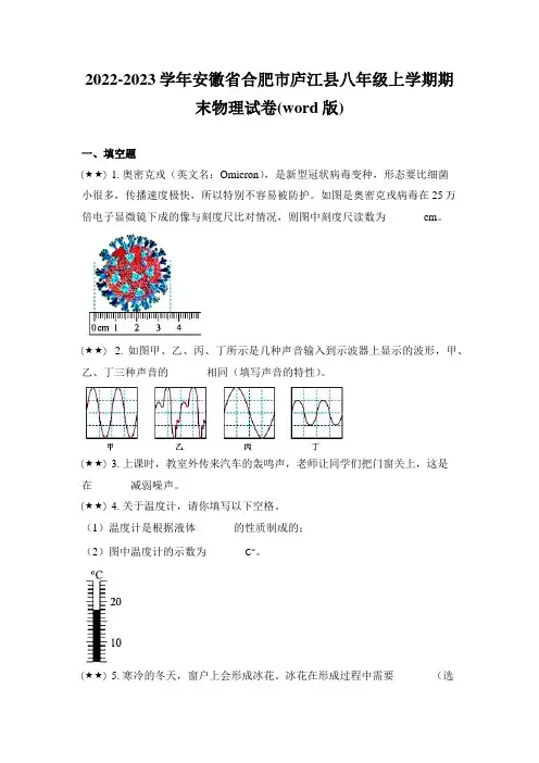 2022-2023学年安徽省合肥市庐江县八年级上学期期末物理试卷(word版)