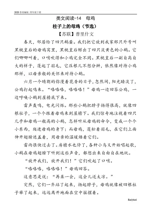 2020春部编版语文四年级下册教案-第四单元-类文阅读-14 母鸡