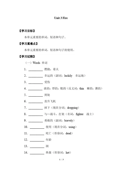 牛津上海版(试用本)五年级上册英语Module4   Unit 3 Fire_学案2(无答案)