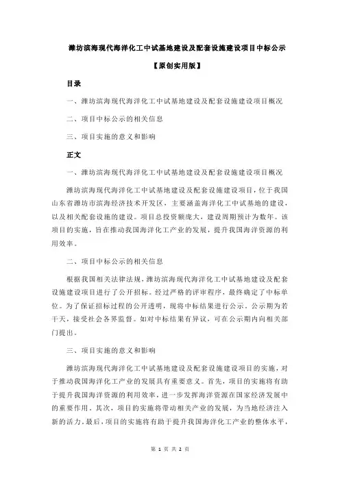 潍坊滨海现代海洋化工中试基地建设及配套设施建设项目中标公示