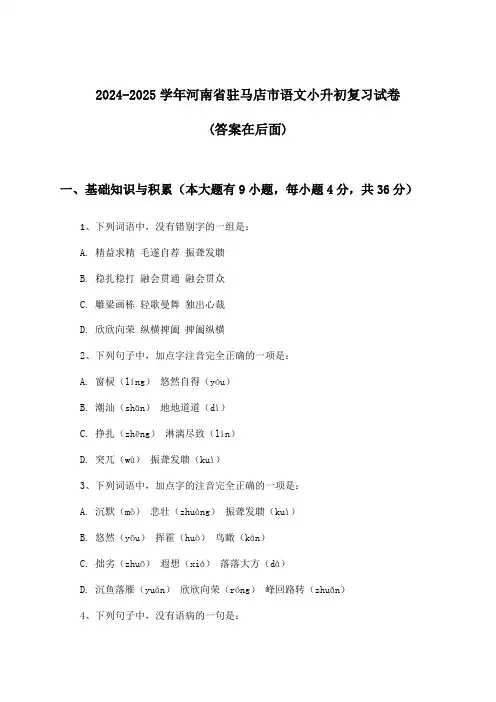 2024-2025学年河南省驻马店市小升初语文试卷及解答参考