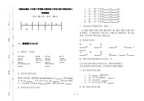 【精选试题】六年级下学期练习题突破小学语文期中模拟试卷C卷部编版
