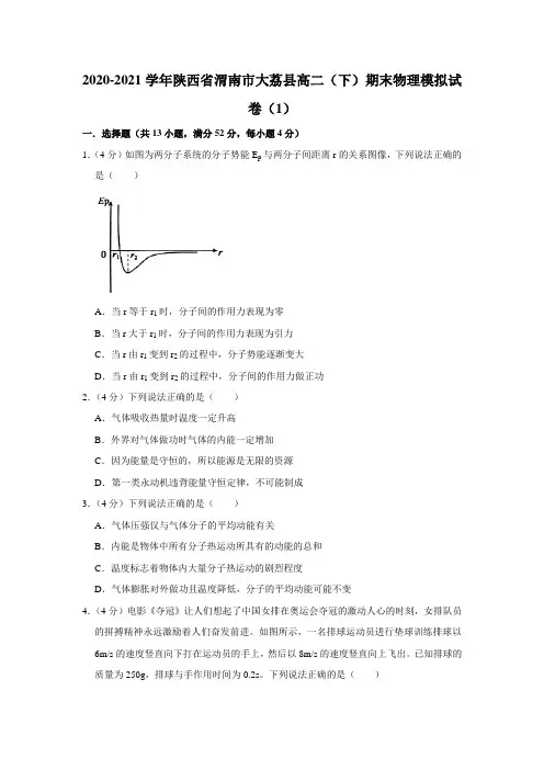 2020-2021学年陕西省渭南市大荔县高二(下)期末物理模拟试卷(1)【附答案】