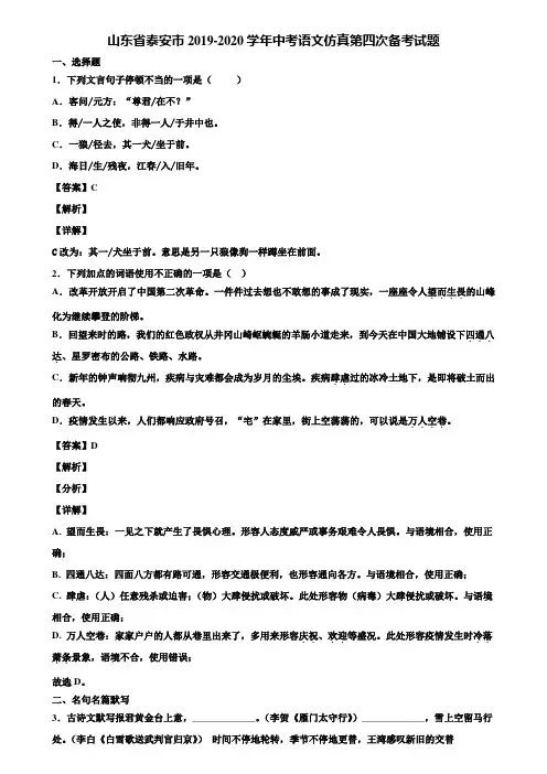 山东省泰安市2019-2020学年中考语文仿真第四次备考试题含解析