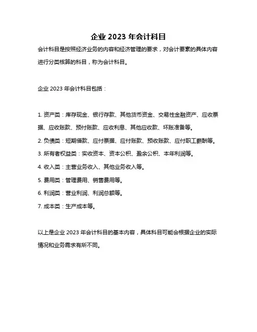 企业2023年会计科目