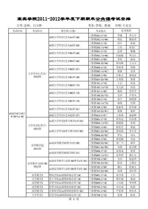 宜宾学院2011-2012学年度下期期末公共课考试安排表