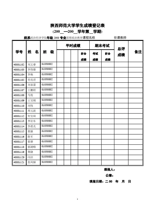 陕西师范大学学生成绩登记表