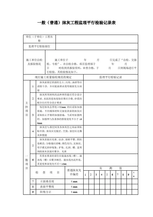 一般(普通)抹灰工程监理平行检验记录表