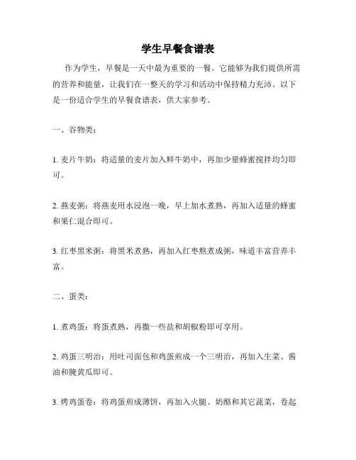 学生早餐食谱表
