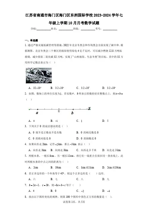 江苏省南通市海门区海门区东洲国际学校2023-2024学年七年级上学期10月月考数学试题