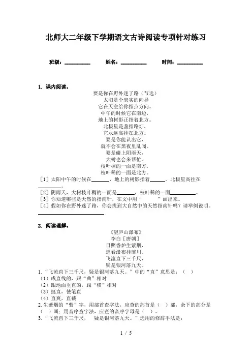 北师大二年级下学期语文古诗阅读专项针对练习